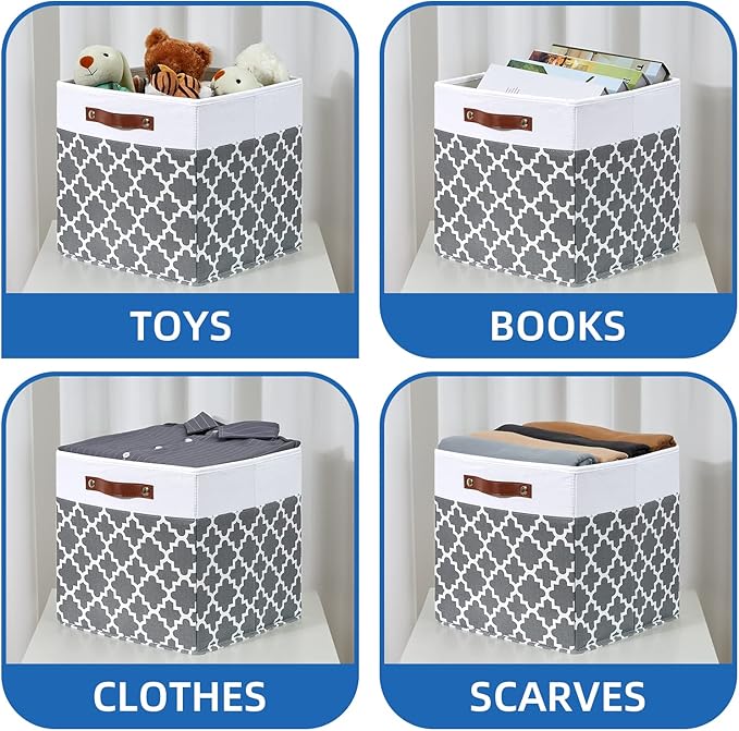 Temary Cube Storage Bins 13x13 - 4 Pack Cube Storage Bins for Shelf with Handles (Grey Lattice)