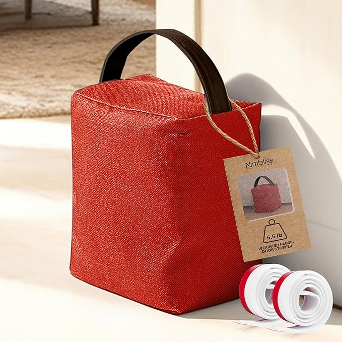 Decorative Weighted Door Stopper 5.5 lb – Heavy Non-Slip Door Weight with Handle, Soft Fabric Door Stop for Kids, Pets, Includes 2 Door Draft Stoppers for Indoor Home & Office, Warm Pumpkin