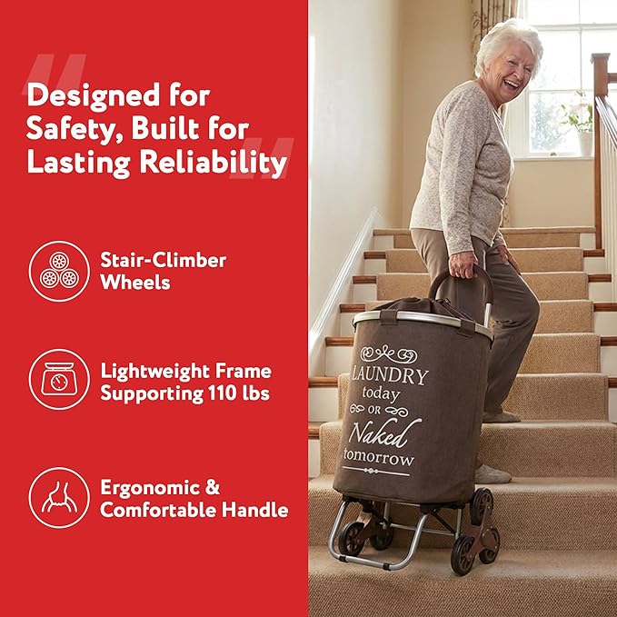 dbest products Stair Climber Laundry Trolley Dolly, Brown Laundry Bag Hamper Basket cart with wheels sorter