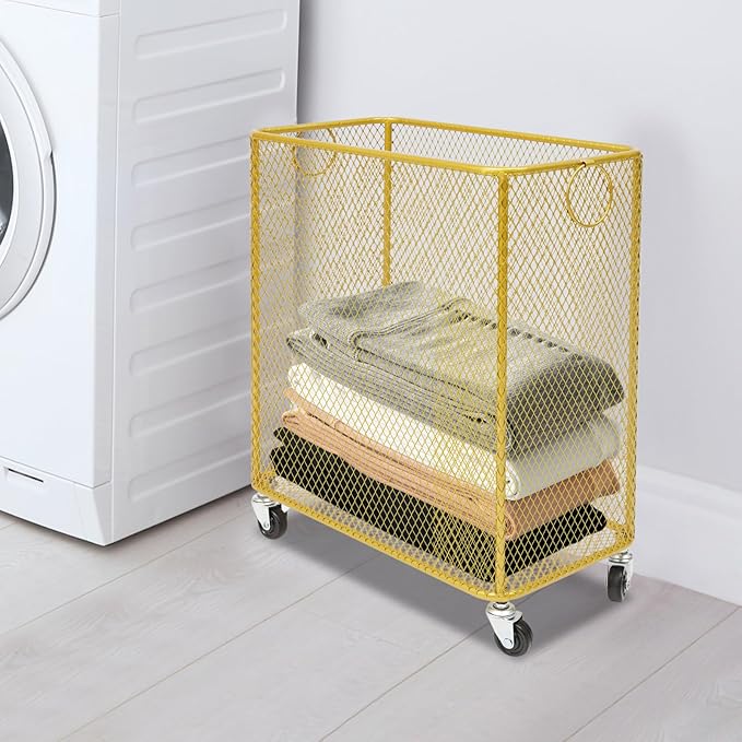 Gold Metal Laundry Basket with Wheels, Rolling Laundry Hamper Cart Gold Mesh Laundry Clothes Sorter Storage Cart Organizer Shelf Basket Durable for Laundry Room