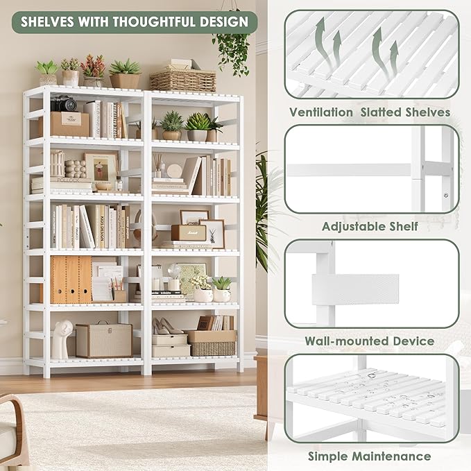 FOTOSOK 6-Tier Bamboo Shelf, Bamboo Bookcase with Adjustable Shelves, Free Standing Storage Shelf Unit, Plant Flower Stand for Bathroom, Kitchen, Home Office, White