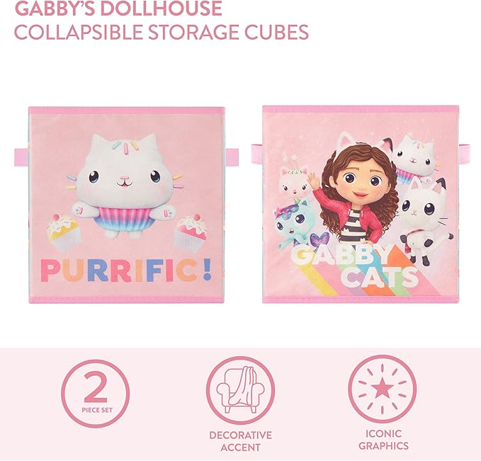 Gabby’s Dollhouse Set of 2 Collapsible Storage Cubes with Carry Handles, Kids Room & Playroom Organizer Bins, 10” x 10”