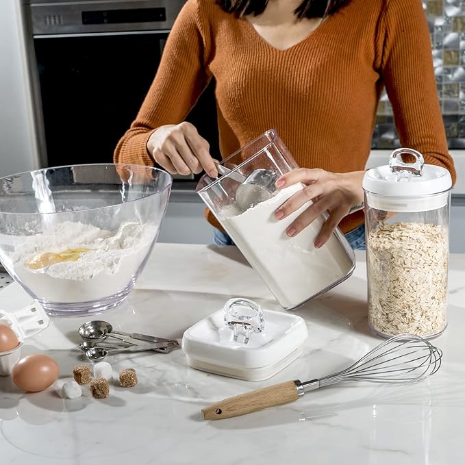 Felli Flip Tite Storage Container with Built-In Spoon & Airtight Lid 5” Large-M Ring Flip Top, Stackable Acrylic Canister for Sugar Flour Powder, Kitchen Pantry Organizer (1.8qt) - 2 spoons only