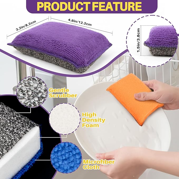 MAQIHAN 8 Pack Microfiber Sponge Kitchen - Dish Scrubber Sponge Non-Scratch Reusable High Density Heavy Duty Kitchen Sink Dish Sponge for Washing Dishes, Pans, Household Cleaning Sponges 4 Colors.