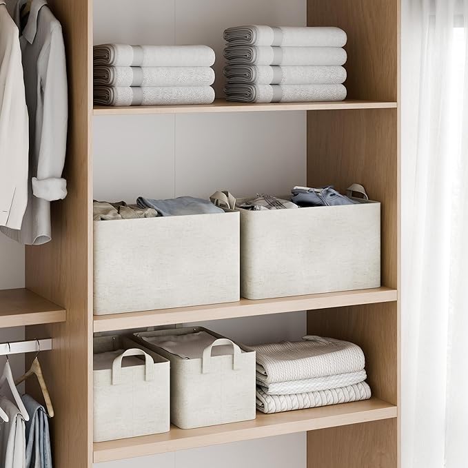 StorageWorks Storage Bins, Shelves Baskets for Organizing, Fabric Closet Organizers with Handles, Metal Frame, Beige-Cotton-linen, 2-Pack