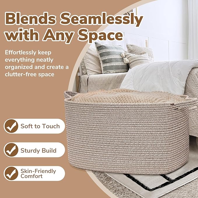 Goodpick Blanket Basket, Woven Baskets for Storage, Extra Large Storage Basket for Clothes, Toys, Dirty Clothes Basket for Laundry, Living Room, 23.6" x 15.7" x 13.8", Brown, 85L