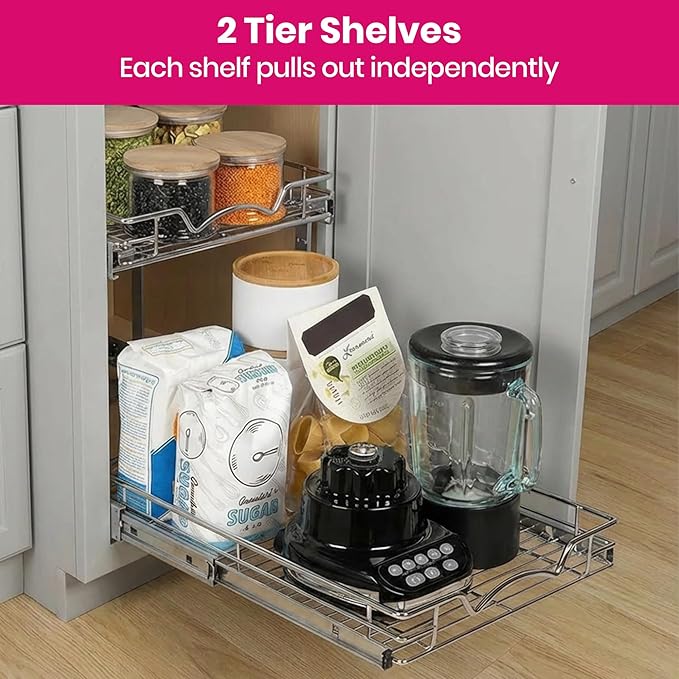 2-Tier Pull-Out Cabinet Organizer with Heavy-Duty Steel Frame, Full-Extension Sliding Shelves, Holds 100 lbs, Easy Install for Kitchen, Pantry & Under Sink Cabinets, 20" W x 21”D x 16.5" H