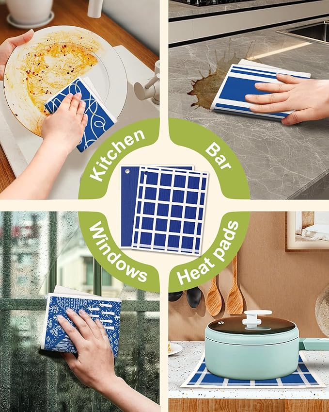 8 Pack Reusable Kitchen Swedish Dishcloths for Washing Dishes Cloths Absorbent Fast Drying Cleaning Sponge Cute Decorate Washable Swedish Towels, Blue Line