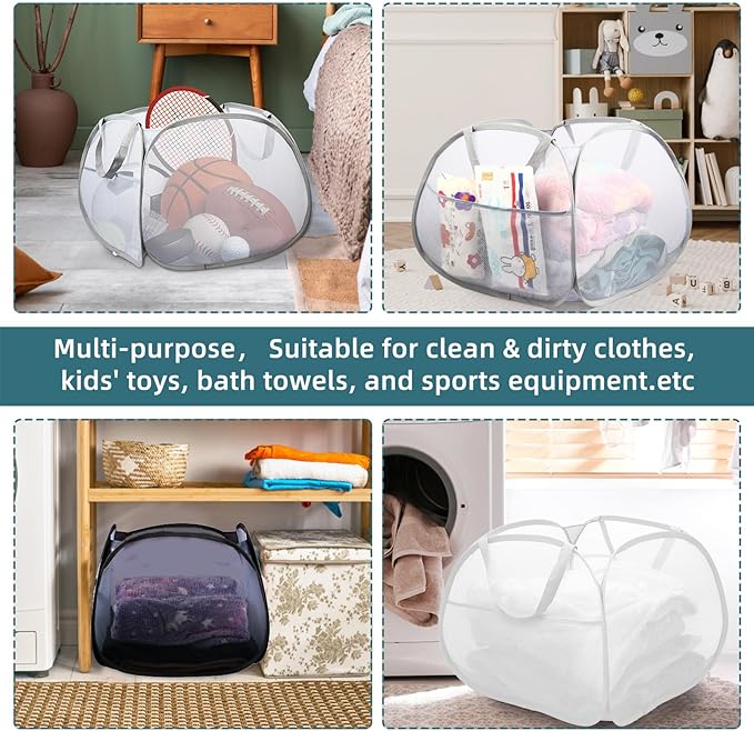 2 Pack Collapsible Laundry Baskets, 90L Large Foldable Laundry Basket, Durable Mesh Pop Up Hampers for Laundry, Dirty Clothes Laundry Hamper for Bedroom, Bathroom, Dorm, Laundry Room, Travel Black