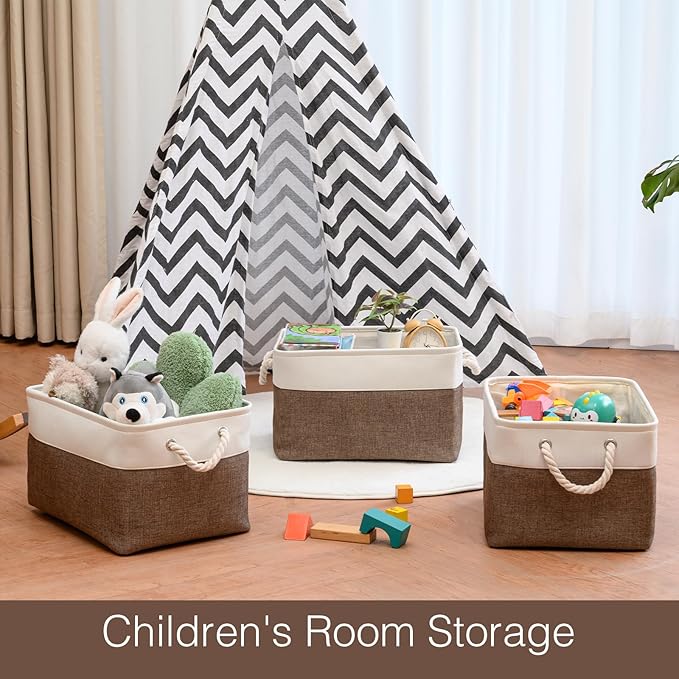 DUHEL Storage Baskets for Organizing,Fabric Storage Baskets for Shelves,Closet Organizers and Storage Basket with Handle,Storage Bins Used for Baby Laundry Basket、Nursery Storage.(White&Brown-3PCS)