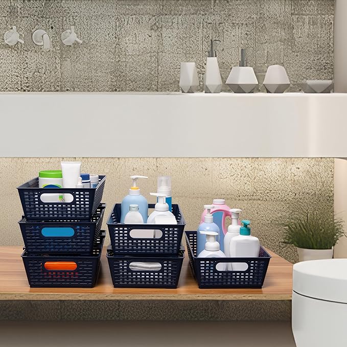 Tiawudi Stackable Woven Plastic Basket, Storage Bins for Cabinet, Closet, Shelf, Under Sink and Countertop, Pantry Organizer Bins, 6 Pack