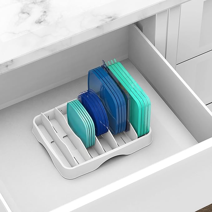 Simple Houseware Food Container Lids Storage Organizer with Adjustable Dividers, 13''x10'', White