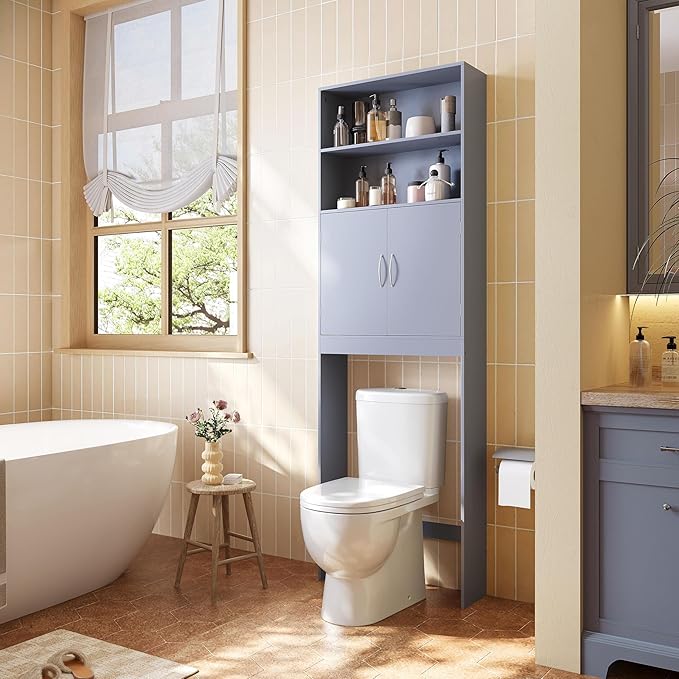 Yaheetech Over The Toilet Storage, Taller Bathroom Organizer Space-Saving Storage Cabinet with Adjustable Shelves and Double Doors, 77 in H, Grey