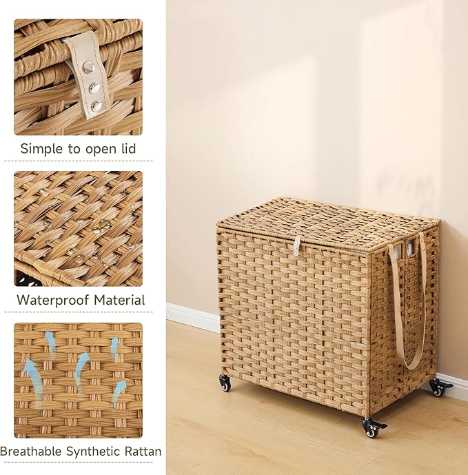Laundry Hamper with Wheels, 34.3 Gallon(130L) Rolling Laundry Basket with Lid, 3-Section Rattan Clothes Hamper with 3 Removable Liner & 3 Mesh Bags, Laundry Sorter with Side Pocket, Natural