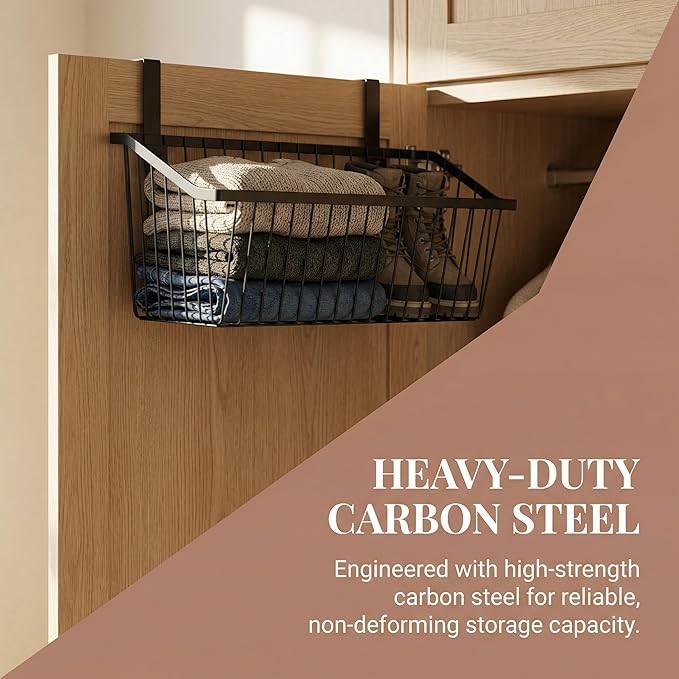 LeleCAT Grid Storage Baskets with Hooks, Over Cabinet Door Organizer, Wire Basket Hanging Storage Organizer, Kitchen Bathroom Organizer (Black, Extra Large)