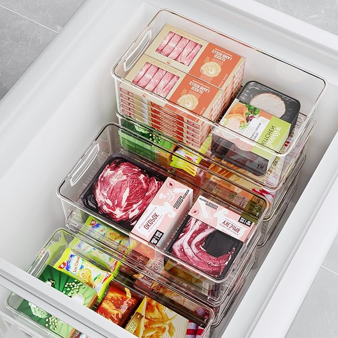 8 PACK Freezer Organizer Bins Fridge Organizer Stackable Storage Bins with Side Handles Refrigerator Organizers and Storage Home Organization Must Haves