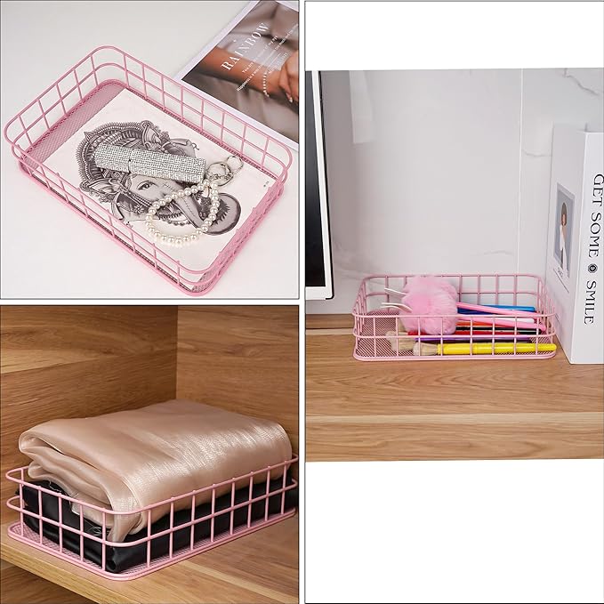 Black Metal Wire Cabinet Organizer Storage, Iron Grid Storage, Tray Net Basket Storage for Office, Home Decoration (Pink)