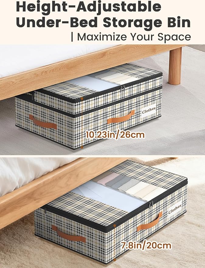 2-Pack Under Bed Storage with Wheels and 6 Vacuum Seal Bags, Adjustable Height 7.9"-10.2",63L Clear Lid Expandable Organizer for Bedding Blankets Clothes Shoes Toys, Space Saving Quick Assembly