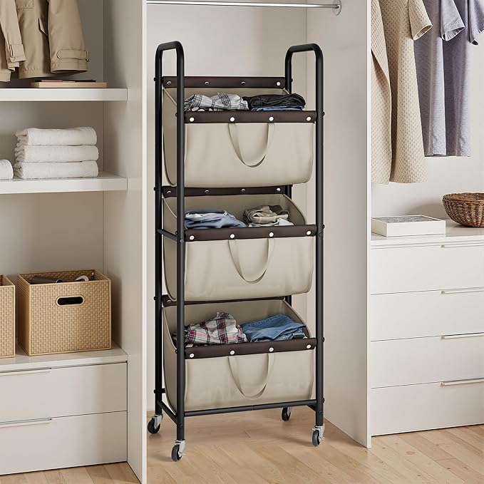 GRANNY SAYS 3 Tie Laundry Sorter, Laundry Basket with Wheels, Laundry Room Organization and Storage, 3 Section Rolling Laundry Cart for Dorm, Bathroom, Bedroom, Closet, Light Khaki