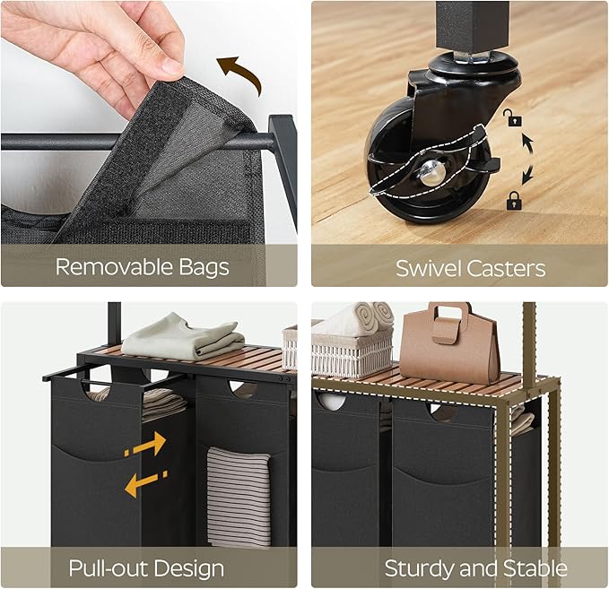 Laundry Sorter 4 Section, Rolling Laundry Hamper with Hanging Rack, Laundry Sorter with Wheels, Hampers for Laundry, Laundry Basket Organizer for Laundry Room, Rustic Brown LS47BR