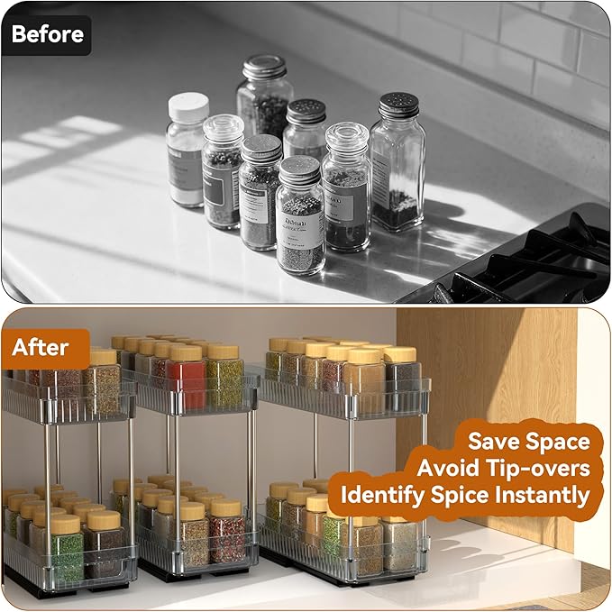 2 Pack Pull Out Spice Rack Organizer for Cabinet, 2 Tier Slide Out Spice Racks Organizer, Spice Cabinet Organizers, Cabinet Size Need:12'' High x 11'' Deep x 5'' Wide, Clear Acrylic