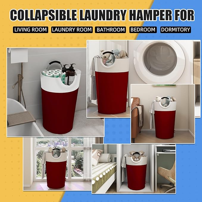 125L Laundry Basket, Collapsible Laundry Hamper with Padded Handles, Waterproof Laundry Bag, Tall Clothes Hamper Stand Up Well, Foldable Laundry Baskets for Easy Storage(Red)