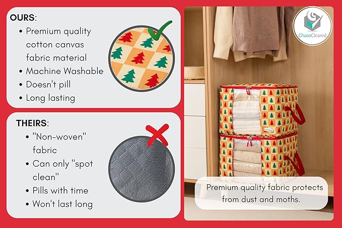 Canvas Storage Bags 2 Pack Designer Clothes Organizer bags for sweaters, clothing, garments, quilt, linens, large folding organizers with zip & window, moth proof space saver - Christmas tree print