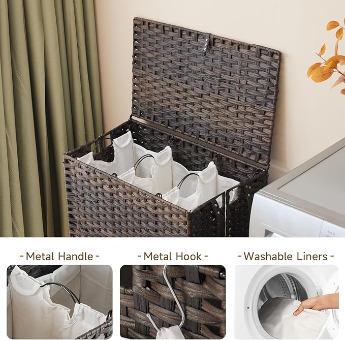 Laundry Hamper with Wheels, 34.3 Gallon(130L) Rolling Laundry Basket with Lid, 3-Section Rattan Clothes Hamper with 3 Removable Liner & 3 Mesh Bags, Laundry Sorter with Side Pocket, Brown