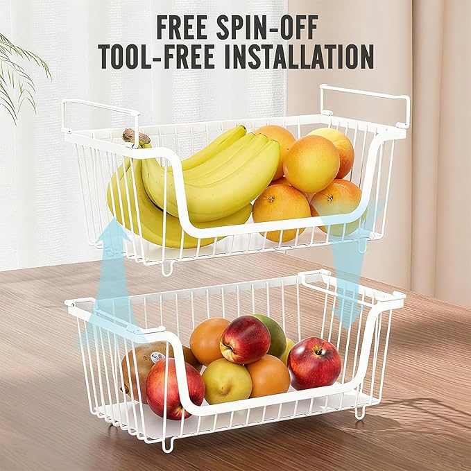 6 Pcs Stackable Wire Baskets for Pantry Organizers and Storage,Vegetable Fruit Basket for Countertop,Kitchen Storage Metal Baskets,Produce Potato Onion Storage Bin,White