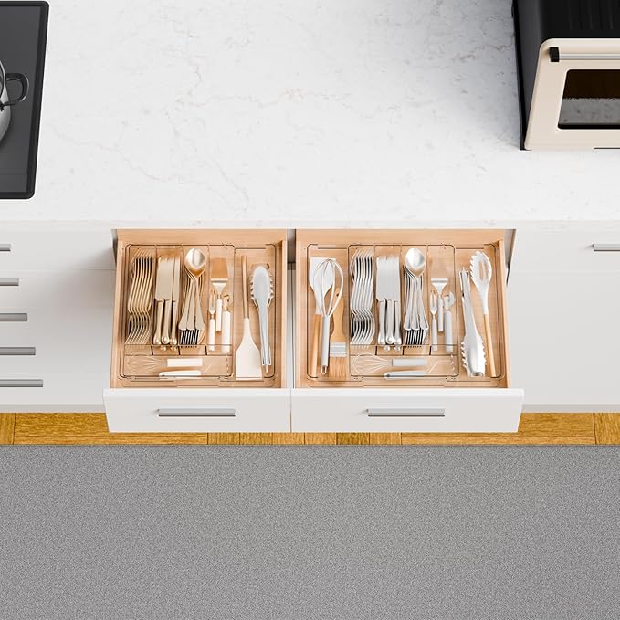 Yieach Clear Expandable Silverware Drawer Organizer,9.4-15.6In Adjustable Silverware Tray for Drawer,Acrylic Kitchen Utensil Drawer Organizer for Cutlery,Flatware Organizers and Fork and Spoon Holder