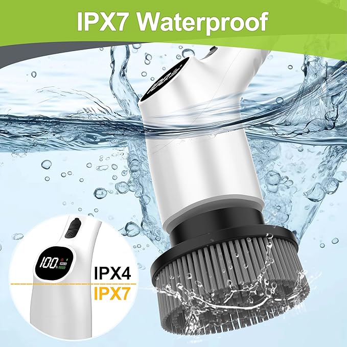 WKY-Electric Spin Scrubber - Upgraded 10-in-1 IPX7 Waterproof Shower Scrubber, Retractable Handle & 2-Speed for Toilet, Bathroom, Bathtub, Tile Floors White