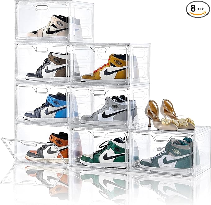 Amllas 8 Pack Shoe Boxes Clear Plastic Stackable, Large Shoe Storage Organizer with Lids,Drop Side Shoe Containers for Entryway,Sneaker Storage Fit up to US Size 13 (13’’x 10.6”x 8.3”)