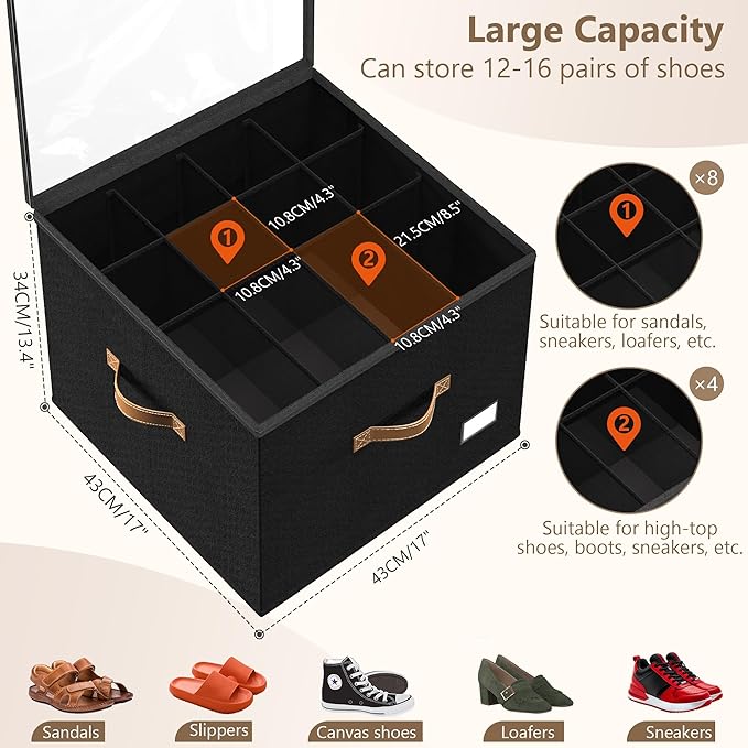 Shoe Organizer for Closet,2 Pack Shoe Storage Bins Foldable Shoe Storage Box Containers with Clear Cover and Sturdy Handles,Shoe Rack for Closet Storage for Sneakers Heels Slippers (Black)