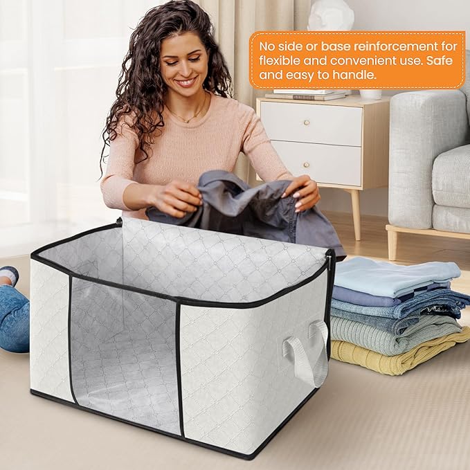 Fab totes 6 Pack Clothes Storage, Foldable Thick Fabric Blanket Storage Bags, Containers for Organizing Bedroom, Closet, Clothing, Comforter, Organization with Handle,Ivory White