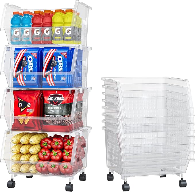 TidyFriend Large Stackable Storage Bins for Closet Organizers and Storage with Wheels 8 Pack, Closet Organization for Kids Room and Home Organization (Clear)