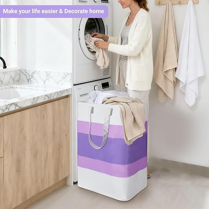 Stylish Freestanding Laundry Hamper with Waterproof Liner,72L Foldable Laundry Basket with Portable Handles Space-saving Storage Basket for Bedroom,Bathroom,Laundry Room,Easy Carry to Travel (Purple)