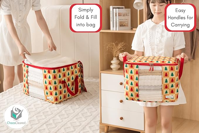 Canvas Storage Bags 2 Pack Designer Clothes Organizer bags for sweaters, clothing, garments, quilt, linens, large folding organizers with zip & window, moth proof space saver - Christmas tree print