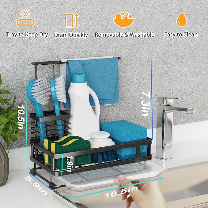 Godboat Dish Soap Dispenser, Kitchen Sink Organizer with Brush Rack, 304 Stainless Steel, Sponge Holder for Kitchen Sink, Sink Caddy with Drain-Pan, Cool Kitchen Gadgets & Gifts for Women, Christmas