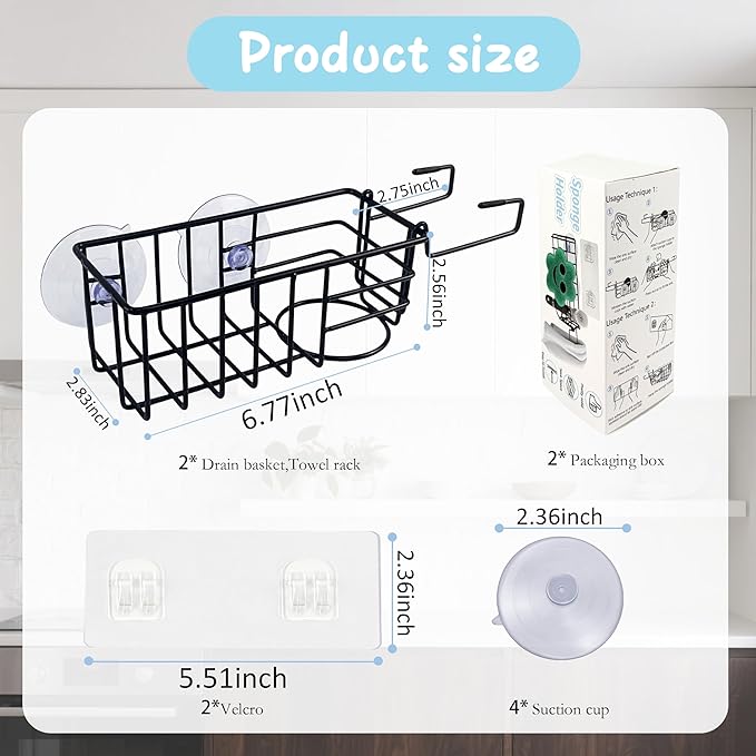 Sponge Holder with Dish Cloth Hanger for Kitchen Sink, In-sink Caddy Organizer with Suction Cups & Adhesive Strips, Rustproof Sponge Rack for Soap, Brush, Scrubber - Black（2 Pack）
