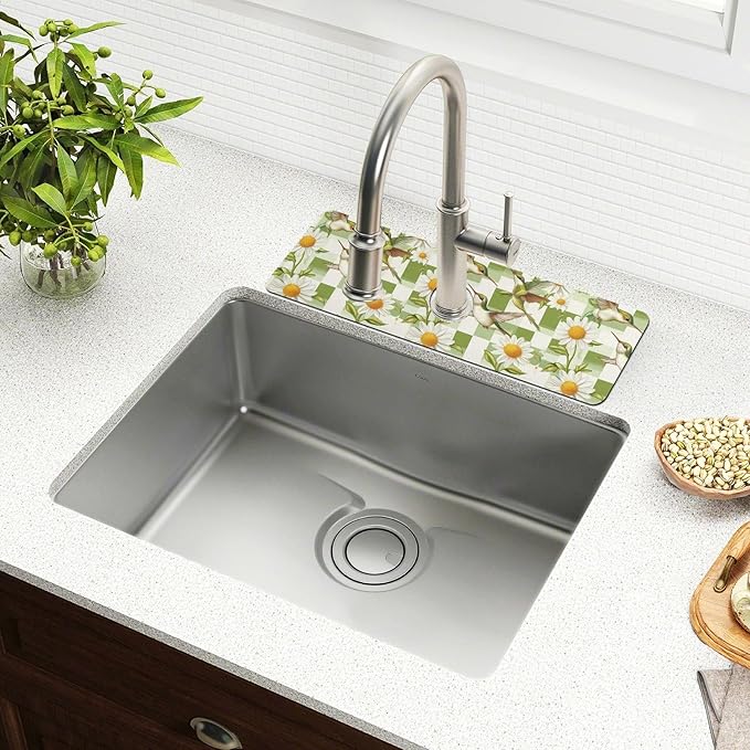 Checkered Green and White Hummingbirds Daisy Kitchen Sink Splash Guard Sink Faucet Mat Faucet Handle Drip Catcher Drain Mats for Kitchen Bathroom