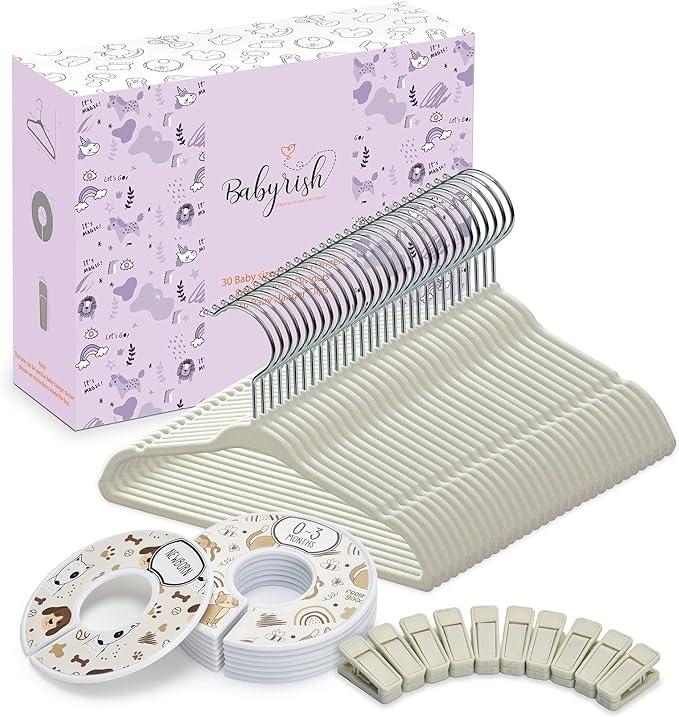 Velvet Baby Hangers with 10x Clips and 8X Dividers (30 Pack) | 11” Ultra-Slim Baby Clothes Hangers | Non-Slip Felt | Space-Saving Nursery & Infant Closet Organizer | Beige