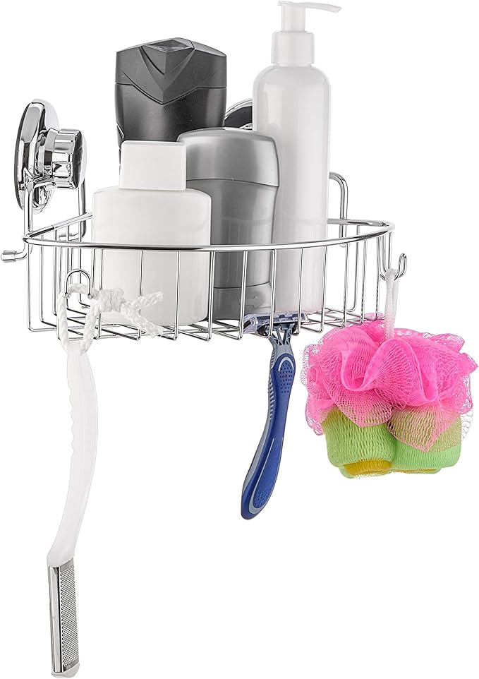 Corner Shower Caddy with Suction Cups and 3M Adhesive Mounting Discs for porous surfaces - Stainless Steel Basket for Bathroom Storage (Chrome)