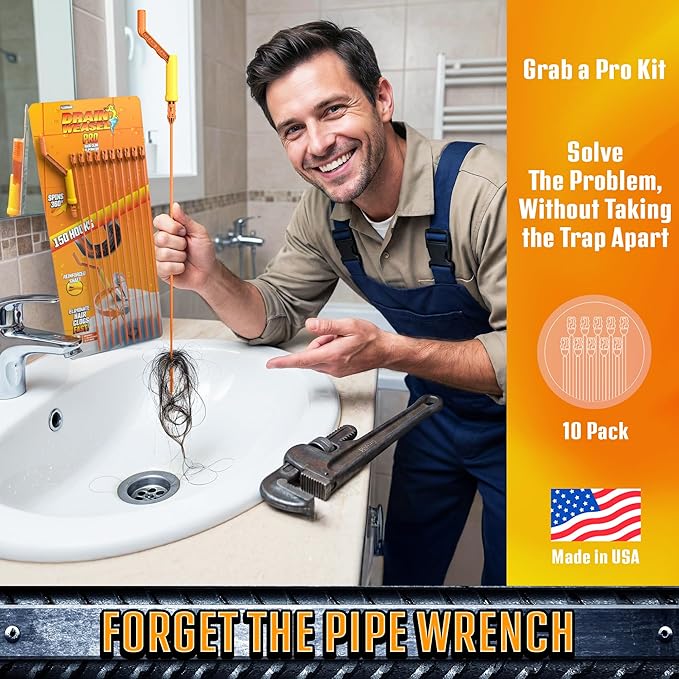 FlexiSnake Pro Drain Weasel Sink Snake Hair Clog Remover Tool, Sink, Pipe, Bathroom, Bathtub Drain Cleaner, 18-inch Long, Flexible, Made in The USA, 10 Pack Reusable Wands and Removable Handle