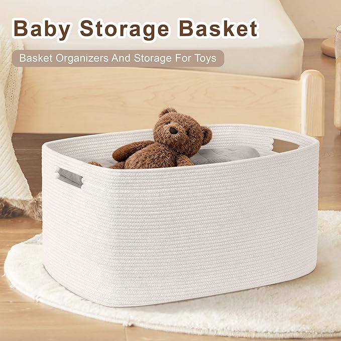60L Small Baby Girls Laundry Basket for Nursery Storage,Cute Woven cotton Rope Baskets for Kids Toy，Gifts,Boho Square Wicker Blanket hamper for Living Room,Bedroom Dirty Clothes, White