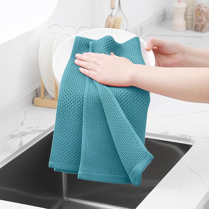 Homaxy 100% Cotton Waffle Weave Kitchen Dish Towels, Ultra Soft Absorbent Quick Drying Cleaning Towel, 13 x 28 Inches, 6-Pack, Lake Blue