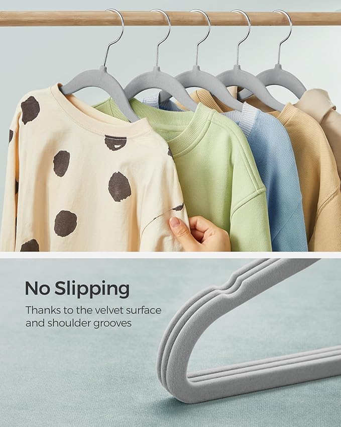 SONGMICS Baby Kids Hangers 50 Pack for Closet, 11.8 x 8.1 Inches, Silver 360° Swivel Hooks, Space-Saving Clothes Velvet Hangers for Nursery, Non-Slip, Dove Gray UCRF027G05