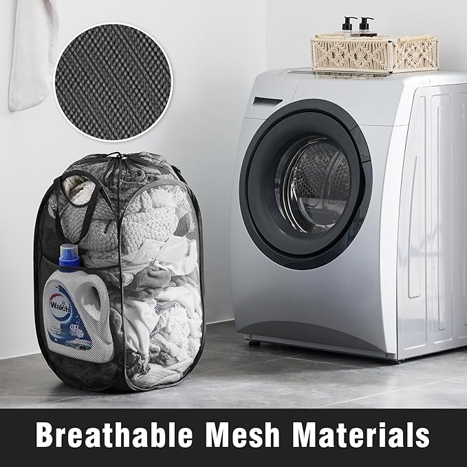TECHMILLY Collapsible Mesh Pop Up Laundry Hamper with Sturdy Handles and Side Pocket - Portable Foldable Clothes Baskets for Dorm, Bathroom & Travel Storage (with Drawstring, Black, 3 Packs)