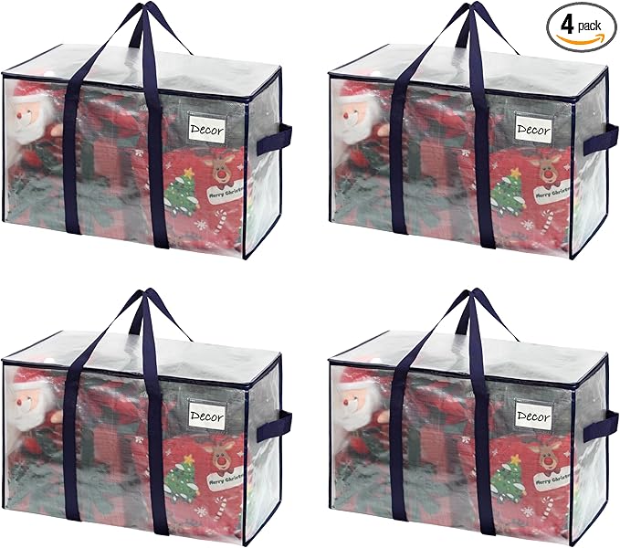 VENO 4 Pack Moving Bags and Large Christmas Storage Bins with lids. Alternative to Moving Boxes, Packing Supplies for College. Extra Large Heavy Duty Totes for Packaging (Clear, 4 Pack)