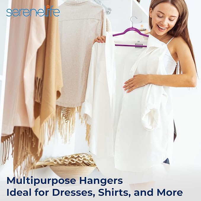 SereneLife 20 Pack Velvet Hangers – Non-Slip Clothes Hangers with Heavy Duty Design, Slim Space-Saving Coat Hangers with 360° Swivel Hook, Strong Lightweight Closet Organizer Set for Clothes (Purple)