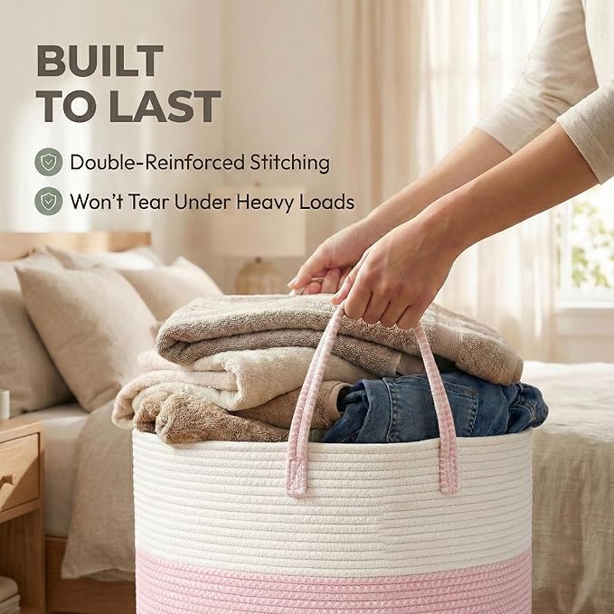 115L Extra Large Blanket Basket for Living Room - Woven Cotton Rope Laundry Hamper with Reinforced Handles - Storage Bin for Pillows, Comforters & Toys - Machine Washable,White&Pink
